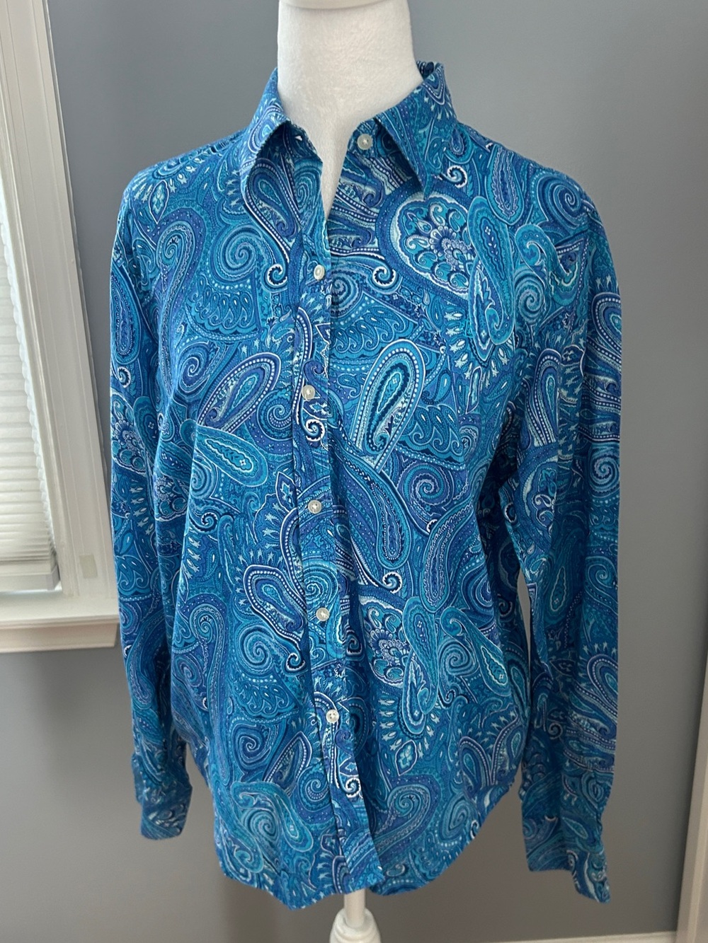 Lauren Ralph Lauren Womens Large Blue Paisley Button Up Shirt Long Sleeve Blouse
